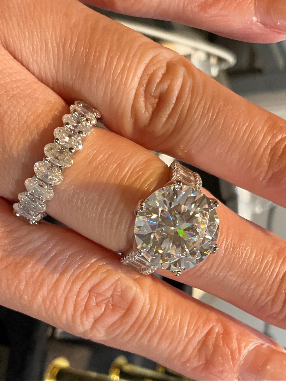 Classic Round-Cut Silver Engagement Ring with Diamond Accent Band - White